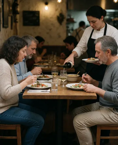 Des clients savourent un dîner dans un restaurant avec une ambiance chaleureuse.