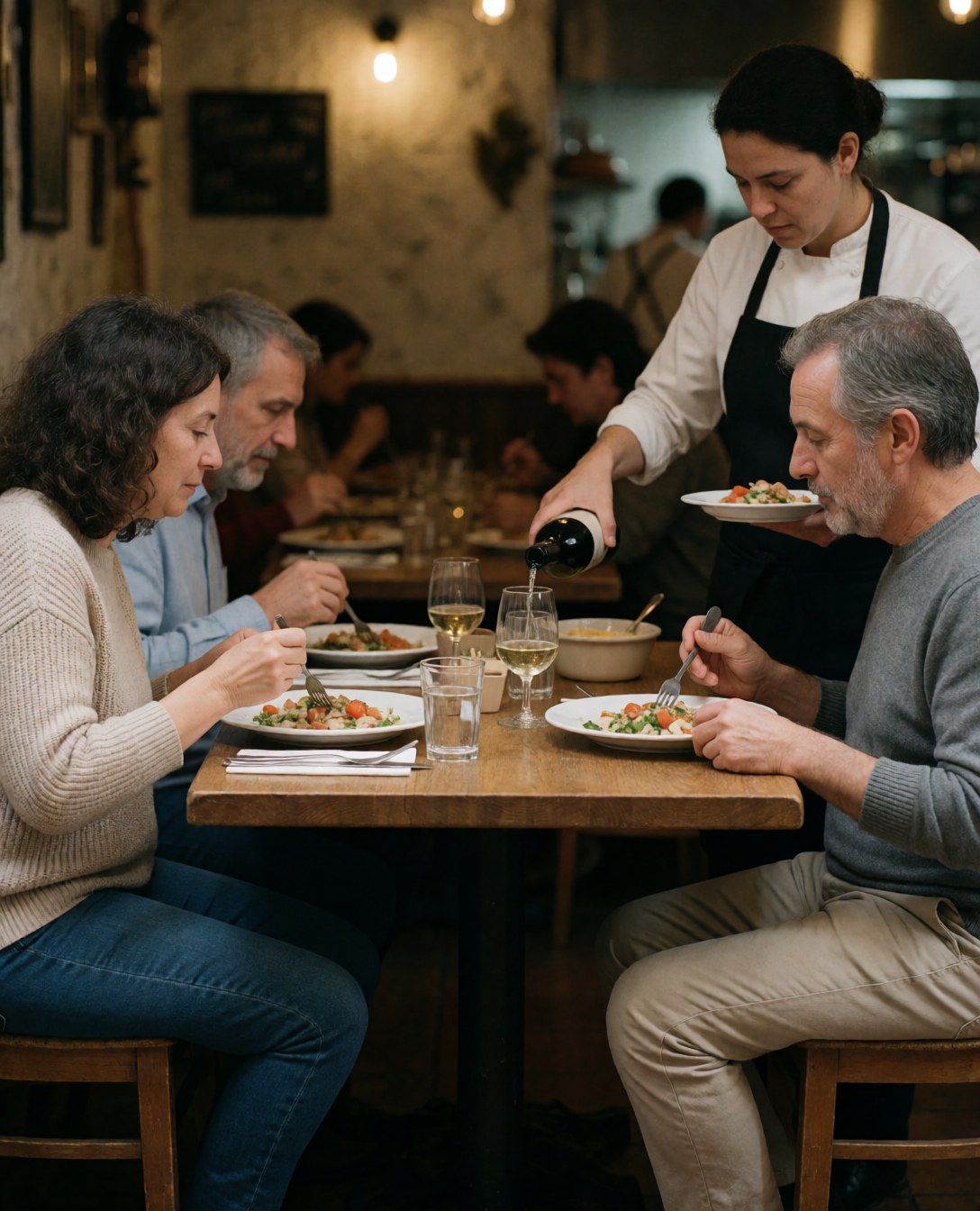 Des clients savourent un dîner dans un restaurant avec une ambiance chaleureuse.