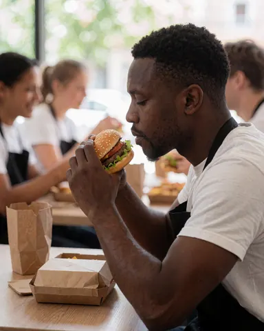 Un client profite d'un hamburger dans un restaurant de restauration rapide, avec des personnes floues en arrière-plan, ambiance détendue et naturelle à la lumière du jour.