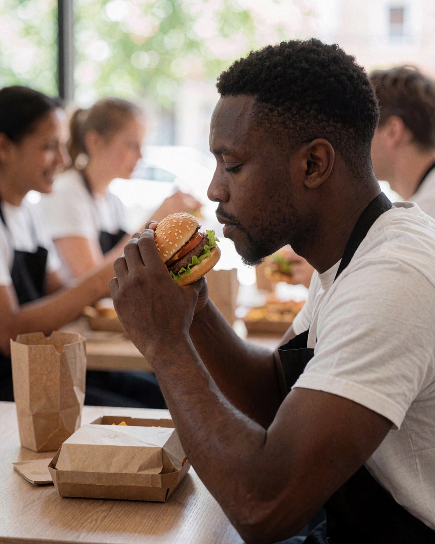 Un client profite d'un hamburger dans un restaurant de restauration rapide, avec des personnes floues en arrière-plan, ambiance détendue et naturelle à la lumière du jour.