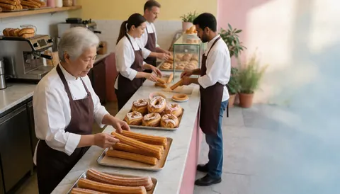 Vue aérienne de churros dorés et croustillants posés sur une table en terrasse ensoleillée, accompagnés d'une tasse de café, d'une boîte et d'ustensiles.