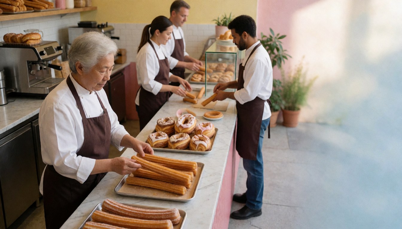 Vue aérienne de churros dorés et croustillants posés sur une table en terrasse ensoleillée, accompagnés d'une tasse de café, d'une boîte et d'ustensiles.