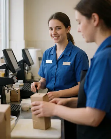 Caissière en uniforme bleu servant un client derrière le comptoir avec une caisse enregistreuse et des produits sur la table.