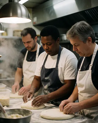 Une équipe de cuisiniers professionnels en tenue blanche prépare des pizzas dans une cuisine industrielle avec four à bois.