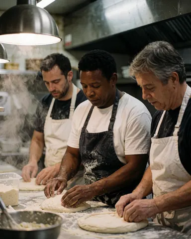 Une équipe de cuisiniers professionnels en tenue blanche prépare des pizzas dans une cuisine industrielle avec four à bois.