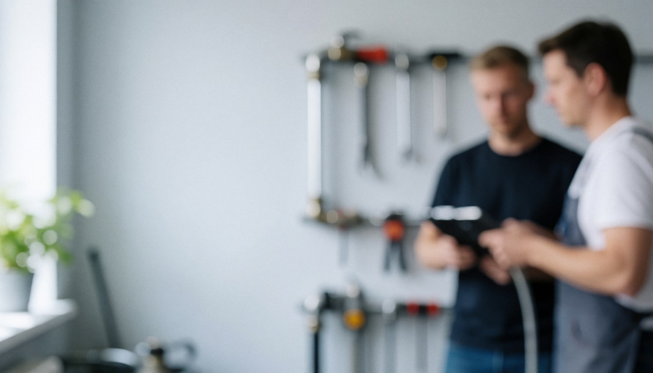 Fond neutre et flou aux tons gris, blanc et bleu, idéal pour superposer du texte dans un contexte professionnel ou industriel lié à la plomberie.
