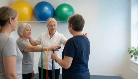 Un professionnel de santé accompagne une patiente dans un exercice d'étirement à l'aide de bandes de résistance, tandis que d'autres personnes observent dans une salle équipée de ballons de fitness.