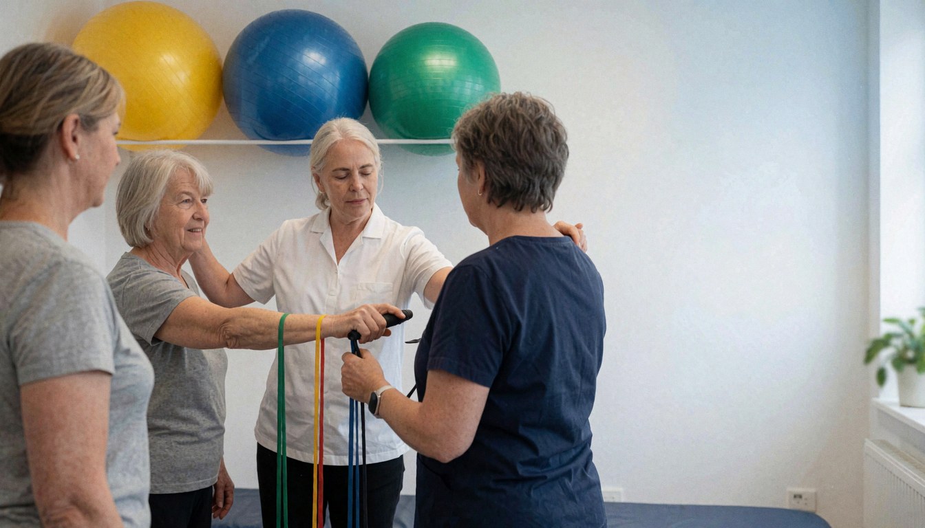 Un professionnel de santé accompagne une patiente dans un exercice d'étirement à l'aide de bandes de résistance, tandis que d'autres personnes observent dans une salle équipée de ballons de fitness.