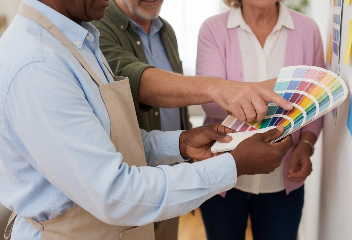 Peintre tenant une palette de couleurs pendant qu'un client pointe une option, dans un intérieur baigné de lumière naturelle.