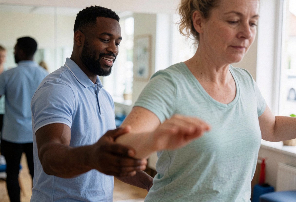 Un physiothérapeute accompagne une cliente lors d'un exercice d'équilibre dans une clinique lumineuse avec des miroirs en arrière-plan.