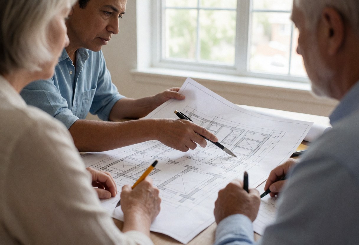 Un peintre professionnel montre des détails sur des plans architecturaux à deux clients lors d'une réunion dans un bureau lumineux.
