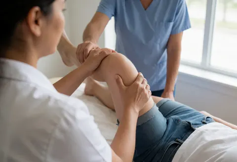 Un thérapeute réalise un traitement de physiothérapie sur la jambe d'un client allongé sur une table, baigné par la lumière naturelle.