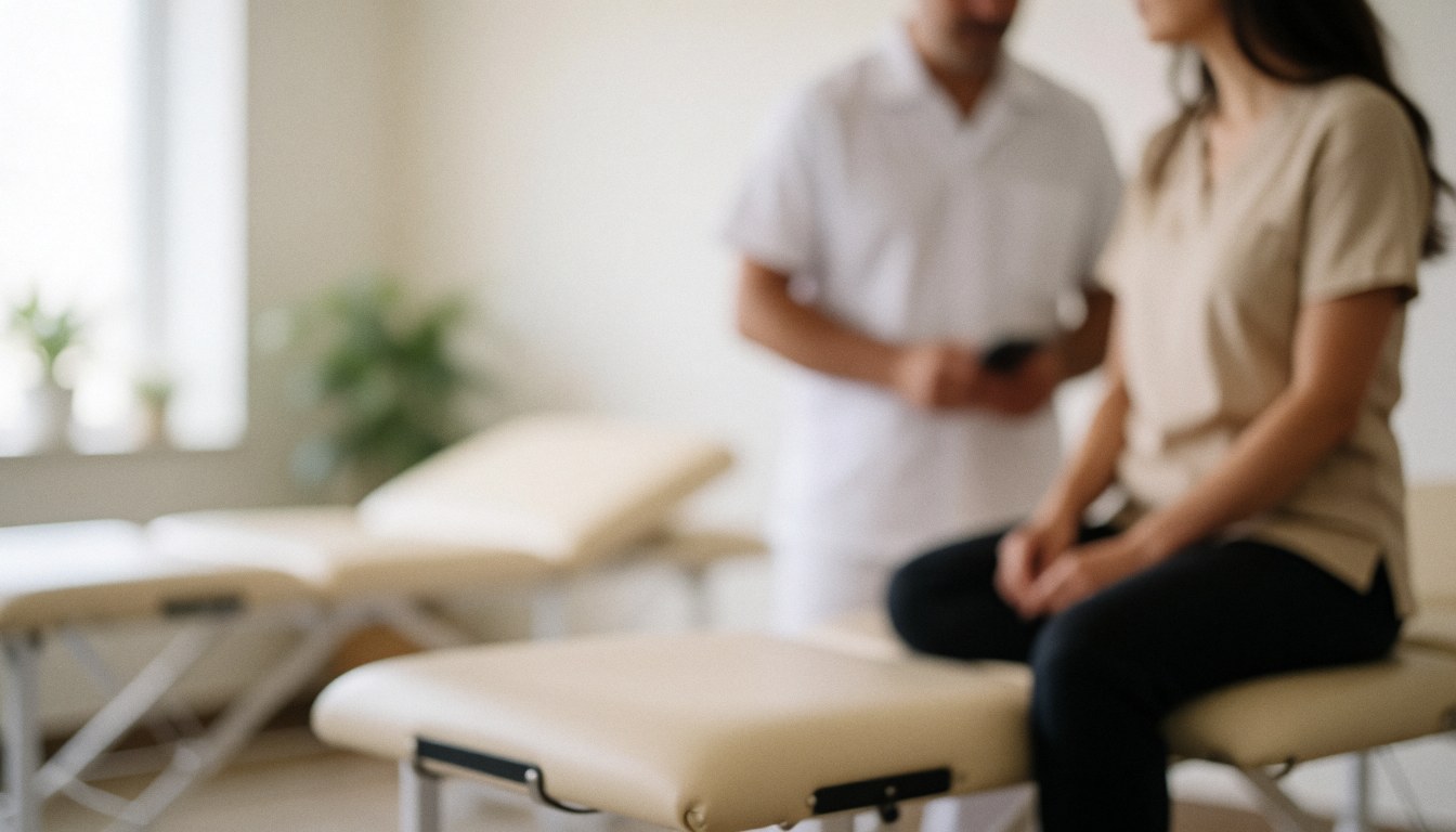 Arrière-plan flou et lumineux aux tons blancs et beiges, évoquant un environnement médical professionnel et apaisant pour la santé.