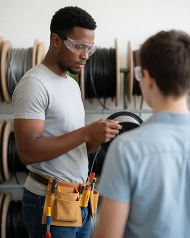 Un technicien électricien portant des lunettes de sécurité et une ceinture à outils, entouré de bobines de câbles et de matériel dans un environnement de travail professionnel.
