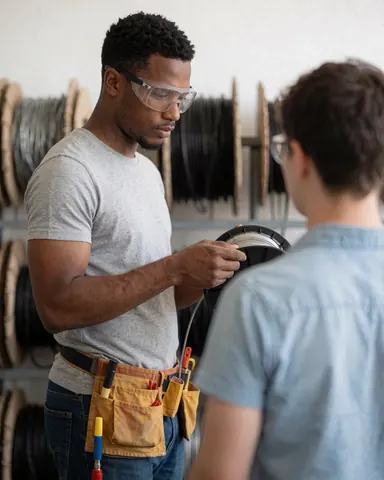 Un technicien électricien portant des lunettes de sécurité et une ceinture à outils, entouré de bobines de câbles et de matériel dans un environnement de travail professionnel.