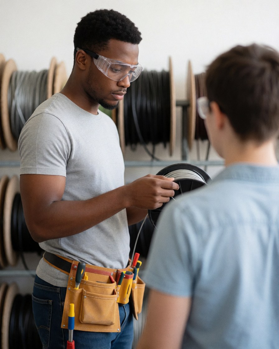 Un technicien électricien portant des lunettes de sécurité et une ceinture à outils, entouré de bobines de câbles et de matériel dans un environnement de travail professionnel.
