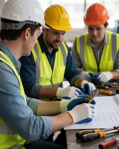 Trois techniciens en casques et gilets inspectent des plans solaires sur une table avec outils dans un atelier lumineux.