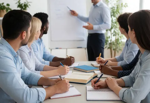 Professeur expliquant au tableau pendant qu'étudiants prennent des notes dans leurs cahiers, ambiance professionnelle et naturelle.