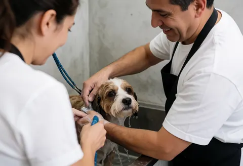 Un professionnel effectue un bain et un toilettage sur un chien dans un salon spécialisé, utilisant des outils et de la mousse pour un soin complet.