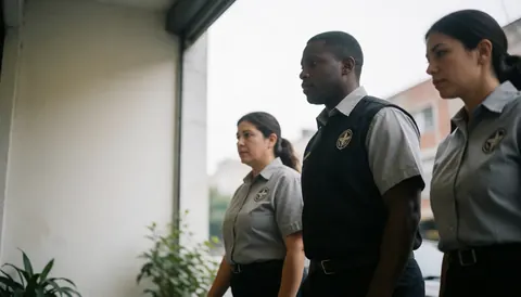 Trois agents de sécurité marchant en file, uniformes visibles, fond urbain, espace pour texte à gauche.