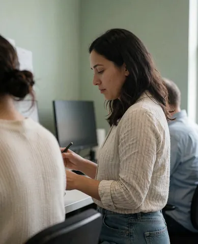 Une femme professionnelle examine ses finances personnelles sur un ordinateur portable dans un bureau moderne, entourée de documents et d'une plume.