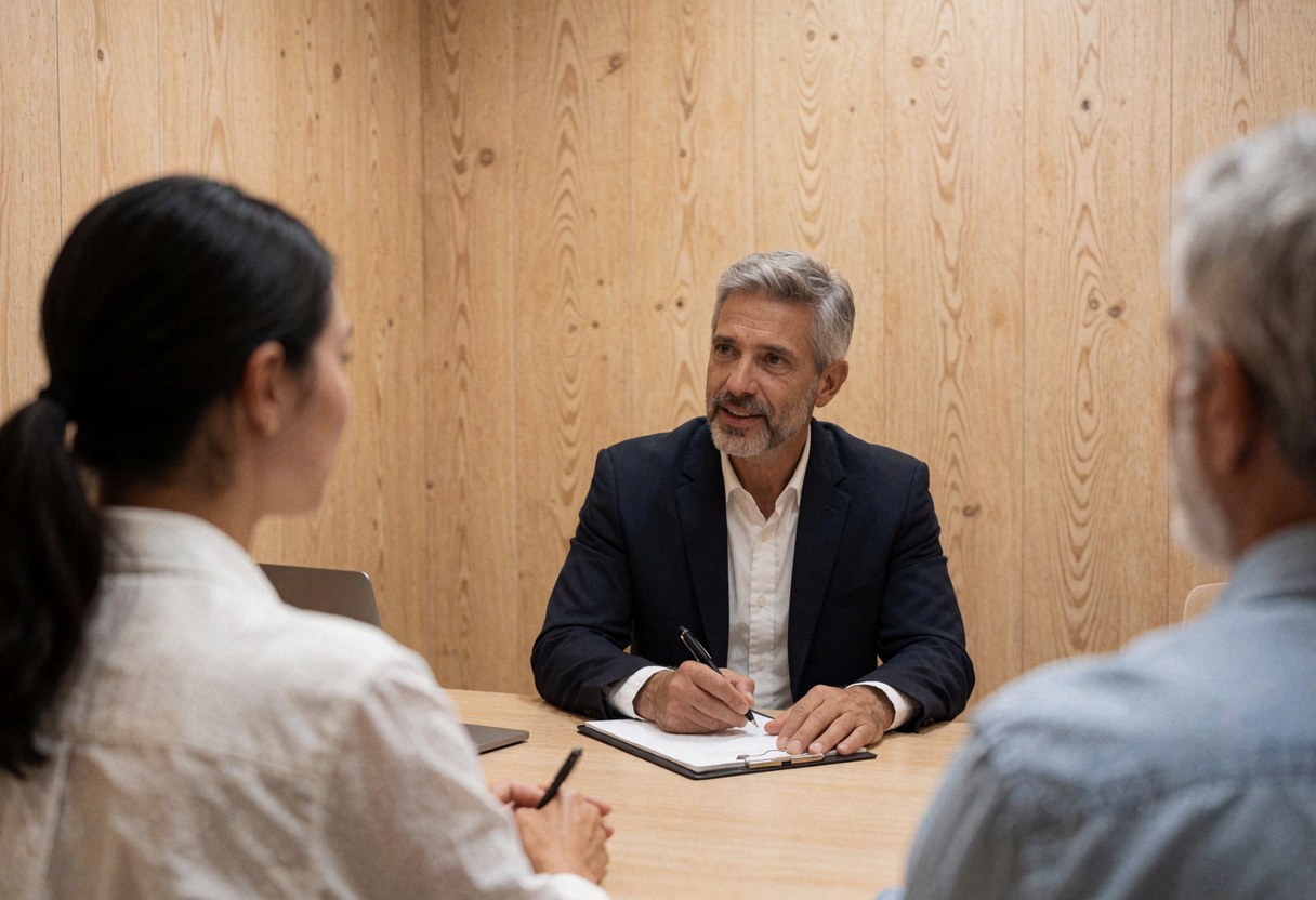 Un consultant en ressources humaines prend des notes pendant qu'il interviewe deux candidats dans une salle de réunion aux murs en bois.