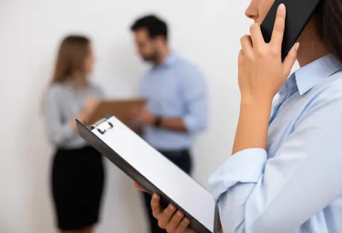 Un consultant professionnel tient un téléphone et une chemise de documents dans un bureau avec un arrière-plan flou.