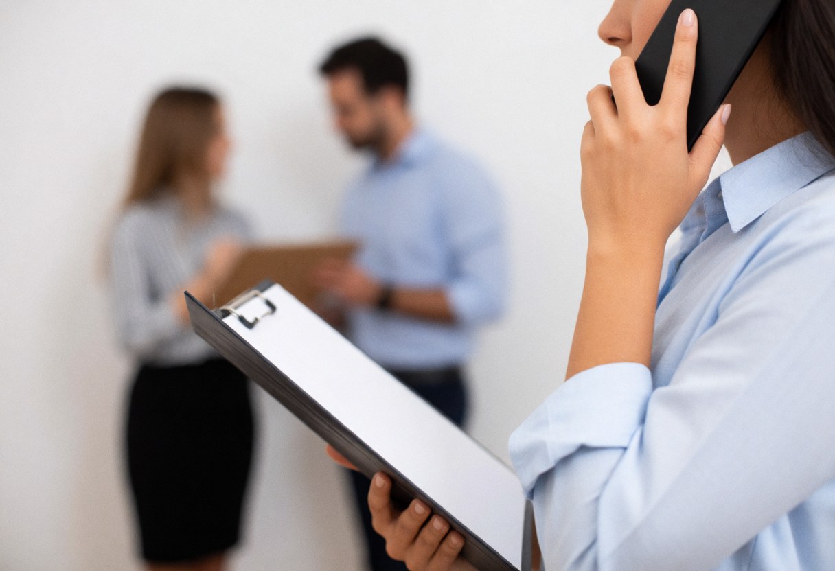 Un consultant professionnel tient un téléphone et une chemise de documents dans un bureau avec un arrière-plan flou.