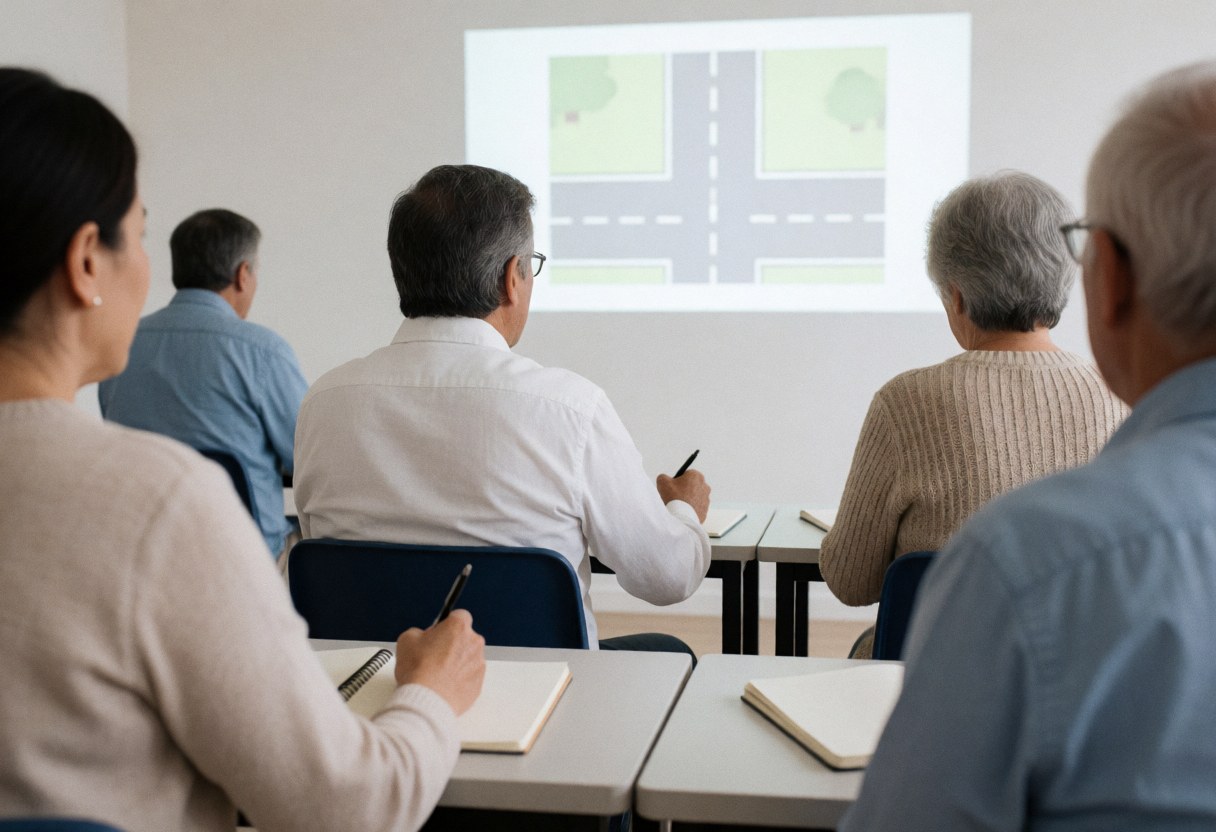 Salle de cours avec étudiants adultes suivant une leçon sur la conduite, utilisant des supports visuels et des cahiers pour l'apprentissage des règles de circulation.