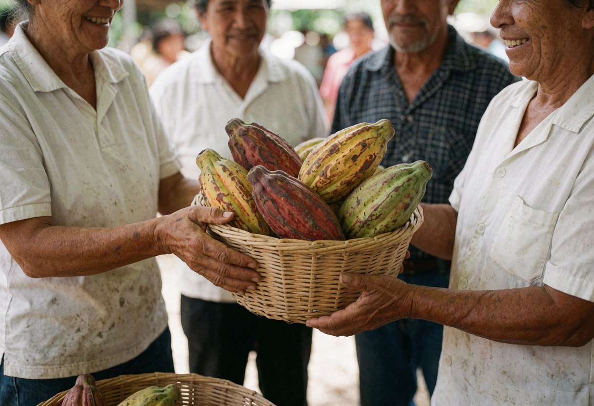 Une vendeuse remet une caisse de cacao à un client souriant lors d'une transaction dans un marché extérieur animé.