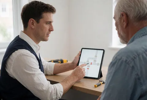 Un plombier explique un diagramme de tuyauterie sur une tablette à un client âgé dans un magasin de bricolage, avec des outils sur la table.