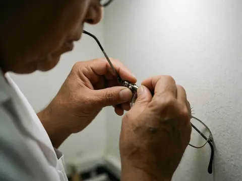 Un opticien ajuste avec précision le cadre métallique d'une paire de lunettes à l'aide d'un outil, sur fond blanc.