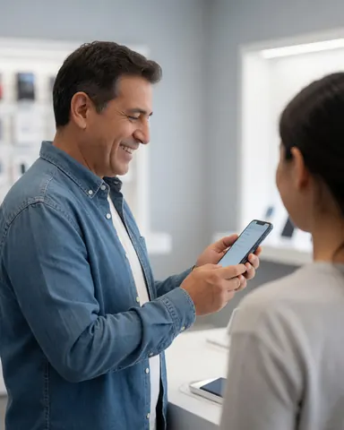 Un homme sourit en essayant un téléphone portable dans une boutique d'électronique moderne, accompagné par un vendeur.