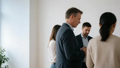 Trois professionnels en tenue correcte examinant des documents dans un bureau lumineux aux murs blancs, favorisant un environnement de travail collaboratif et productif.