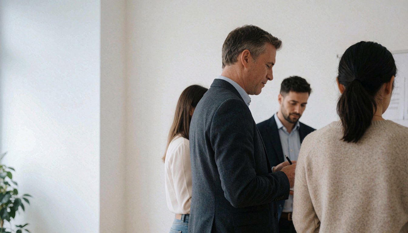 Trois professionnels en tenue correcte examinant des documents dans un bureau lumineux aux murs blancs, favorisant un environnement de travail collaboratif et productif.