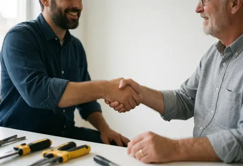 Un électricien professionnel serre la main d'un client satisfait, symbolisant un accord finalisé dans le cadre d'une intervention de service.