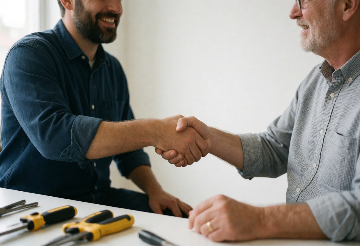 Un électricien professionnel serre la main d'un client satisfait, symbolisant un accord finalisé dans le cadre d'une intervention de service.