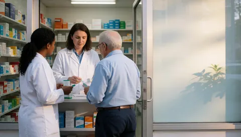 Façade d'une pharmacie en ville avec un espace vide à côté pour ajouter du texte ou des informations.
