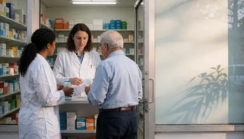 Façade d'une pharmacie en ville avec un espace vide à côté pour ajouter du texte ou des informations.