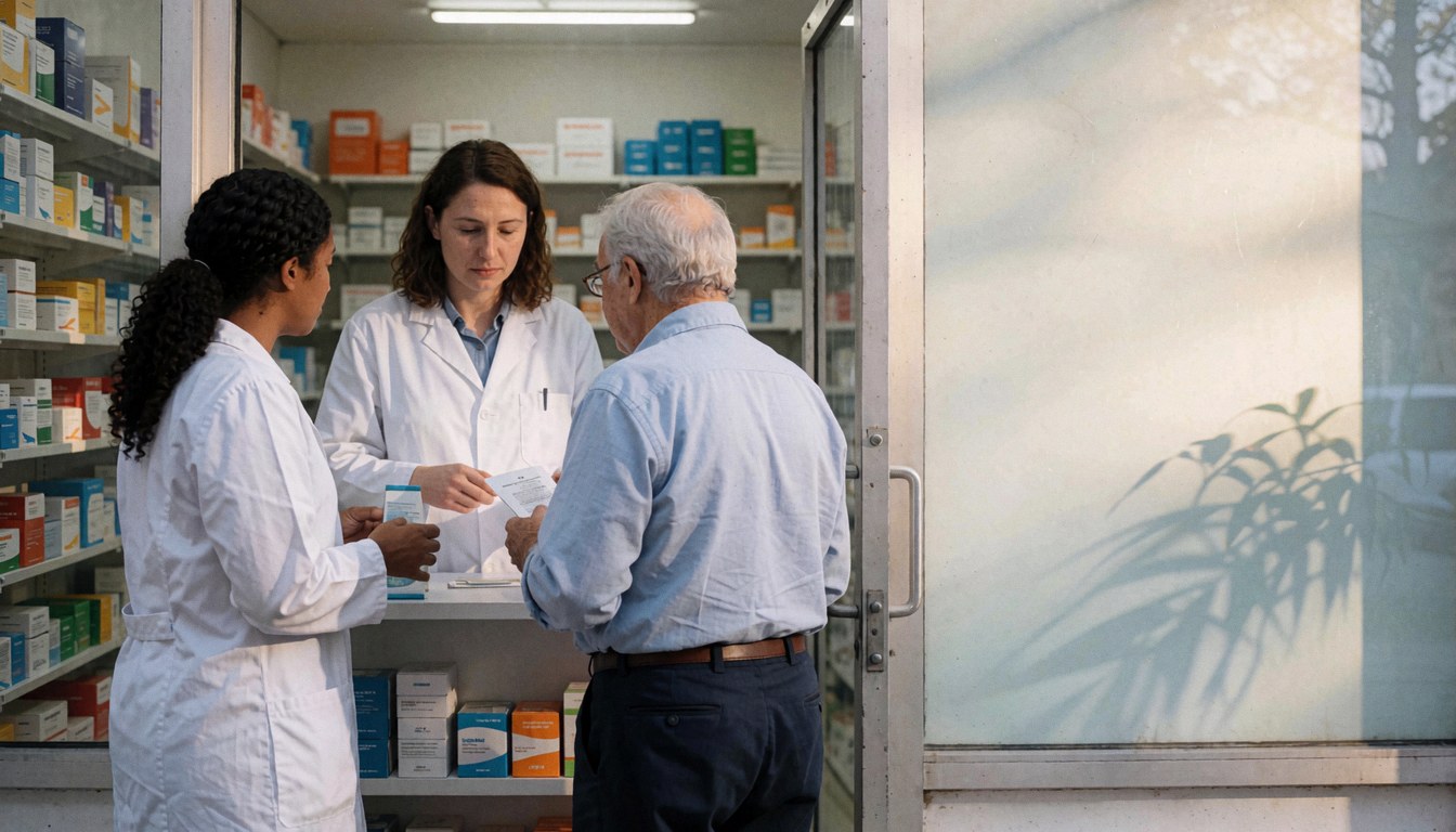 Façade d'une pharmacie en ville avec un espace vide à côté pour ajouter du texte ou des informations.