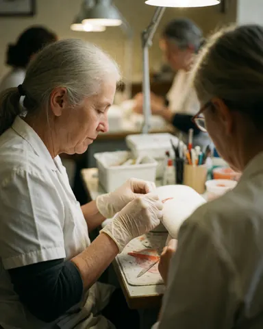 Une technicienne des ongles portant des gants travaille sur les ongles d'une cliente dans un salon de beauté éclairé par une lumière chaude.