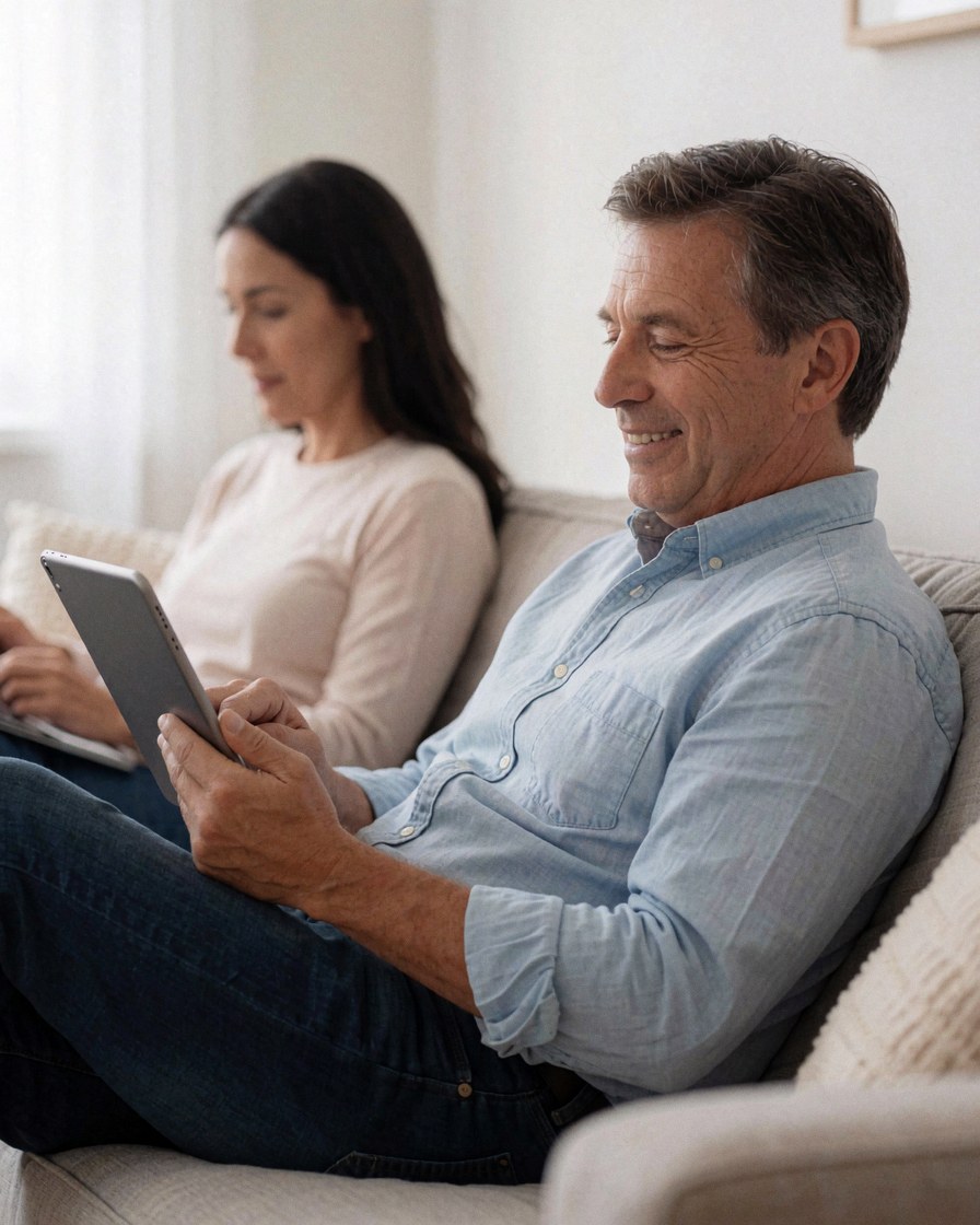 Un couple utilise des tablettes sur un canapé dans un intérieur lumineux, évoquant le télétravail et la communication numérique.