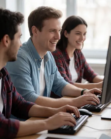 Trois développeurs jeunes travaillent ensemble devant un écran d'ordinateur dans un bureau lumineux, souriant et riant pendant qu'ils codent.