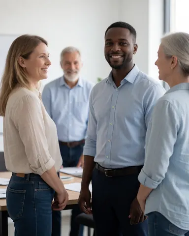 Groupe de trois personnes en réunion de bureau, souriant et discutant, avec une table et des documents, ambiance professionnelle et naturelle.