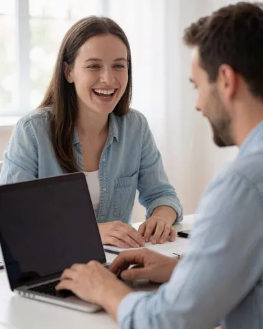 Une jeune femme aux cheveux clairs rit joyeusement en regardant l'écran de son ordinateur portable posé sur un bureau.