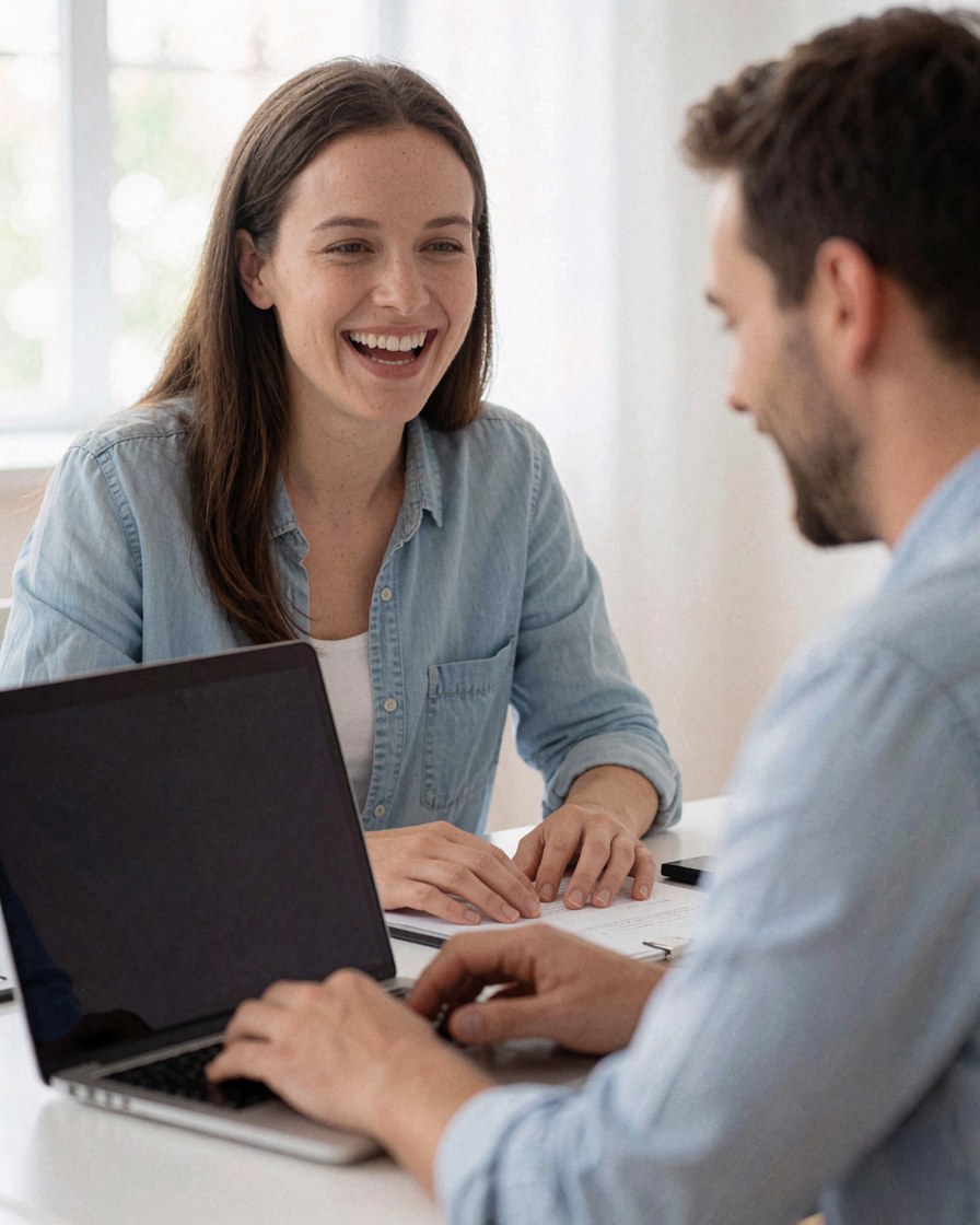 Une jeune femme aux cheveux clairs rit joyeusement en regardant l'écran de son ordinateur portable posé sur un bureau.