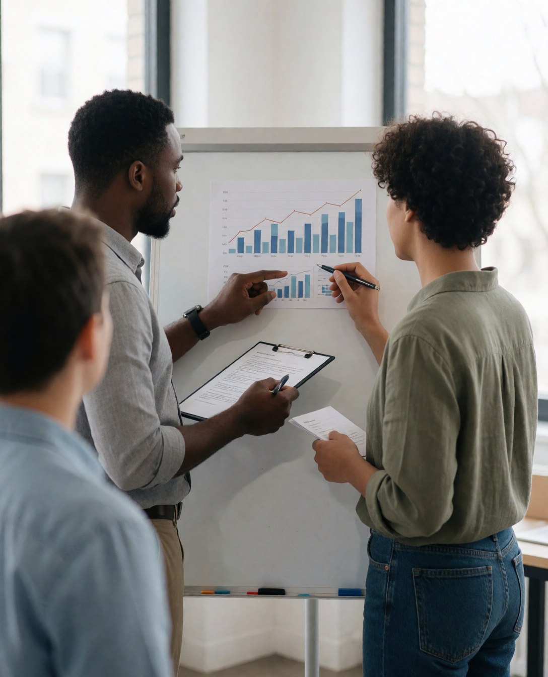 Un comptable senior et un junior analysent ensemble des données financières affichées sur un tableau blanc dans un bureau moderne.