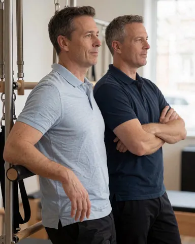 Deux hommes formateurs de pilates dans un studio, l'un appuyé sur une machine reformer et l'autre les bras croisés, affichant confiance.