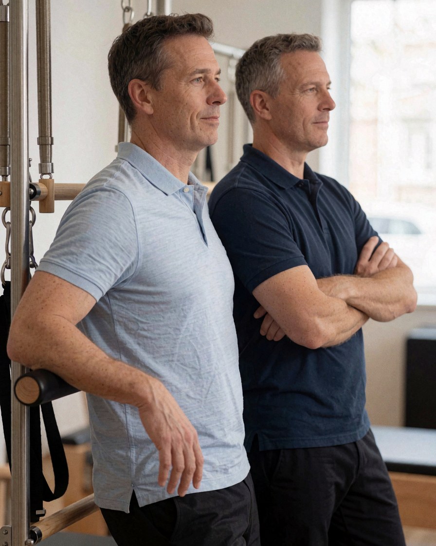 Deux hommes formateurs de pilates dans un studio, l'un appuyé sur une machine reformer et l'autre les bras croisés, affichant confiance.