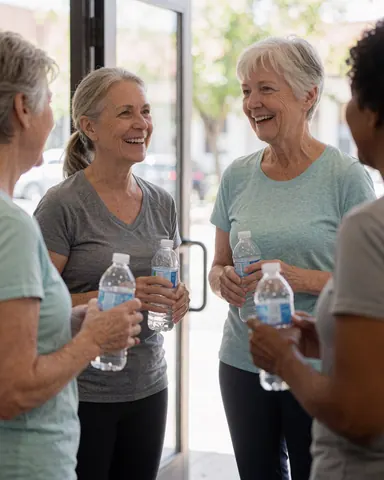 Quatre femmes âgées souriantes et discutant, tenant des bouteilles d'eau près de la sortie d'un studio de yoga avec lumière naturelle.